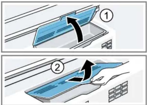 Diagram illustrating airflow or ventilation process of an air conditioner, showing two steps with numbered arrows and directional arrows.