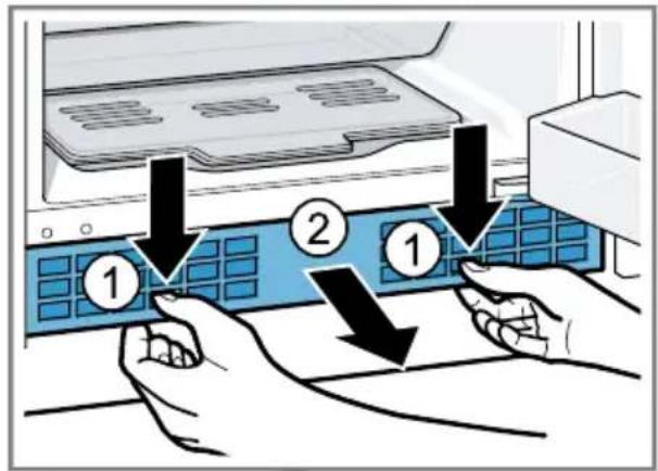Diagram showing hands operating a computer with labeled buttons 1, 2, and directional arrows indicating process steps.