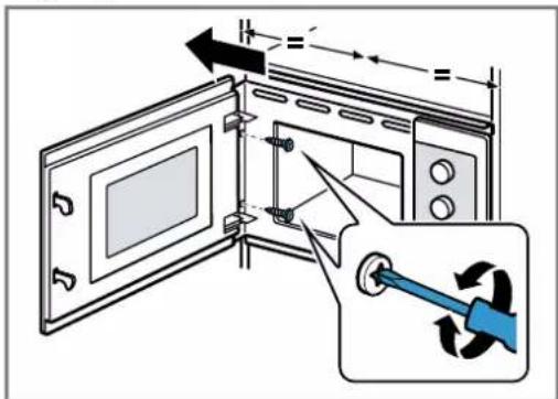 Diagram illustrating microwave oven installation with labeled components and a close-up of the component being inserted into a screwdriver.