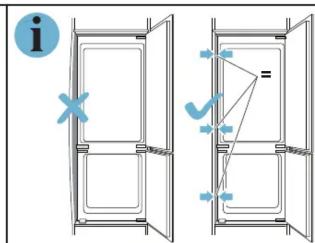 Diagram, der illustrerer døråbning og dørpositionering med mærkede symboler og annotationer