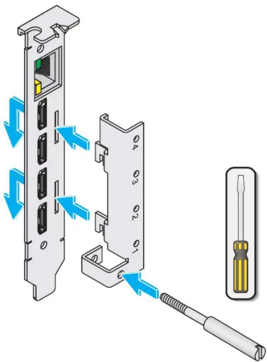 Diagram illustrating the installation of a screwdriver into a device with labeled pins and cable ports, showing blue directional arrows.