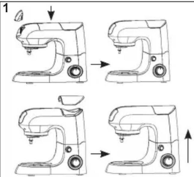 Diagram showing four stages of a kitchen mixer with labeled parts and directional arrows indicating motion.