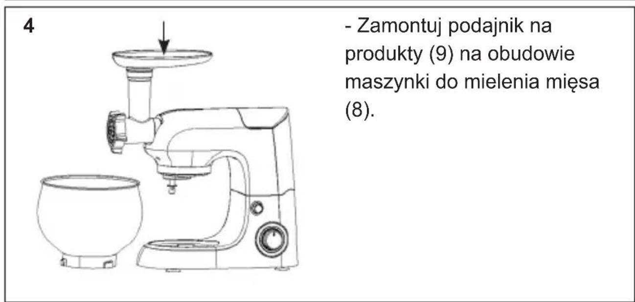 4 - Zamontuj podajnik na produkty (9) na obudowie maszynki do mielenia mięsa (8).