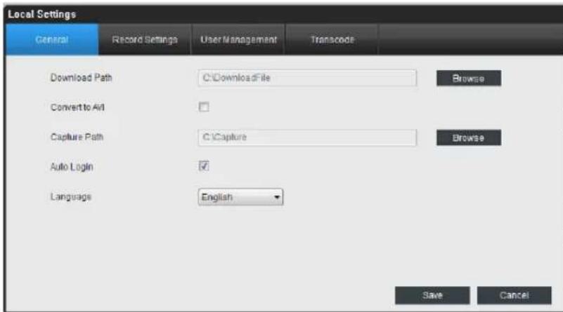 Local Settings General Record Settings User Management Transcode Download Path C:\DownloadFile Browse Convert to Airl Capture Path C:\Capture Browse Auto Login ✓ Language English Save Cancel