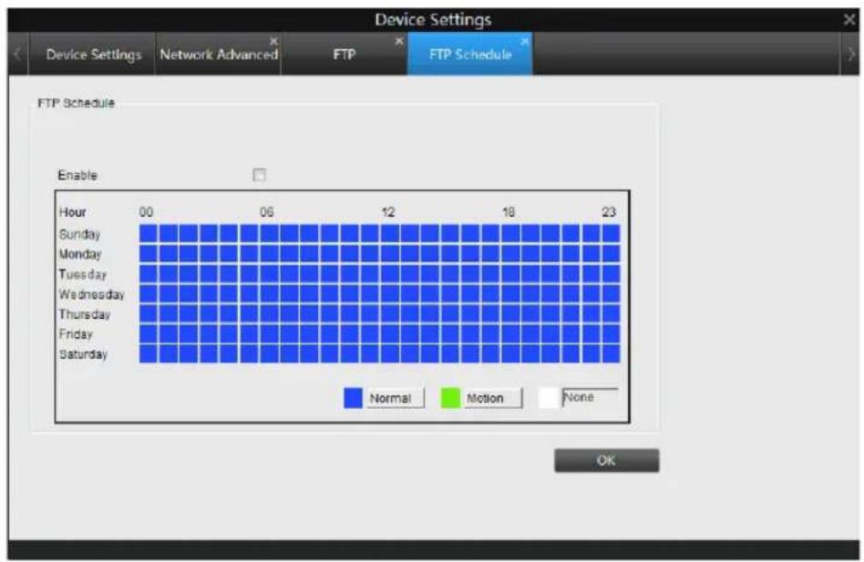 Device Settings Device Settings Network Advanced FTP FTP Schedule FTP Schedule Enable Hour 00 06 12 18 23 Sunday Monday Tuesday Wednesday Thursday Friday Saturday Normal Motion None OK
