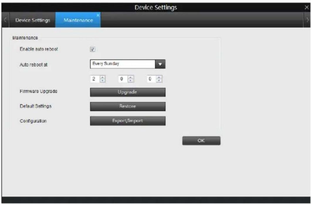 Device Settings Device Settings Maintenance Maintenance Enable auto reboot Auto reboot at Every Sunday 2 0 0 Firmware Upgrade Upgrade Default Settings Restore Configuration Export/Import OK