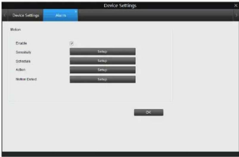 Device Settings Device Settings Alarm Motion Enable Sensitivity Setup Schedule Setup Action Setup Motion Detected Setup OK