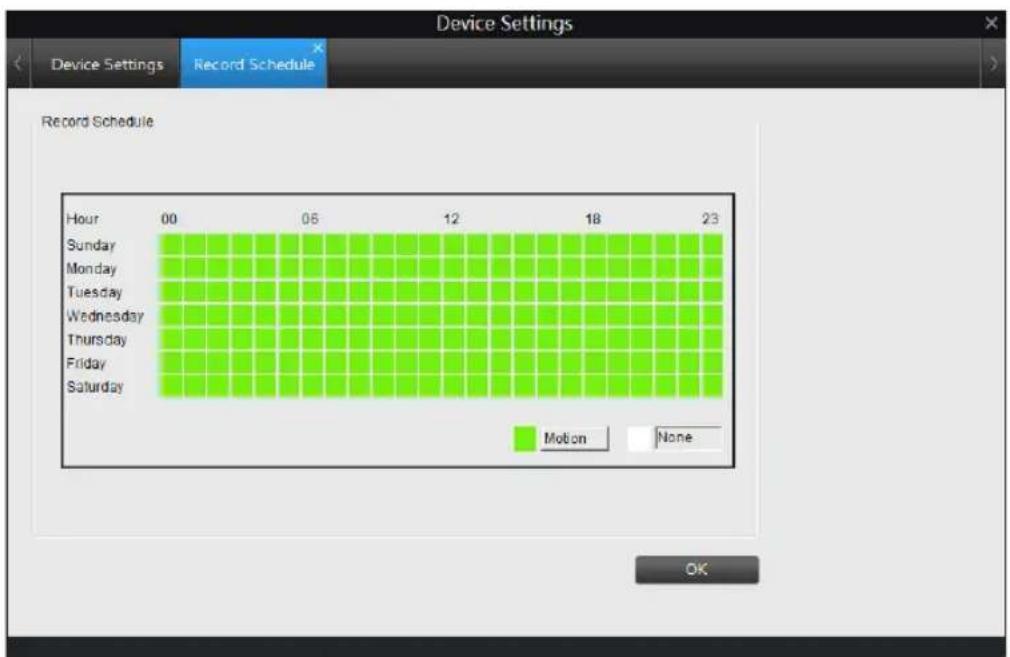 Device Settings Record Schedule Record Schedule Hour 00 06 12 18 23 Sunday Monday Tuesday Wednesday Thursday Friday Saturday Motion None OK
