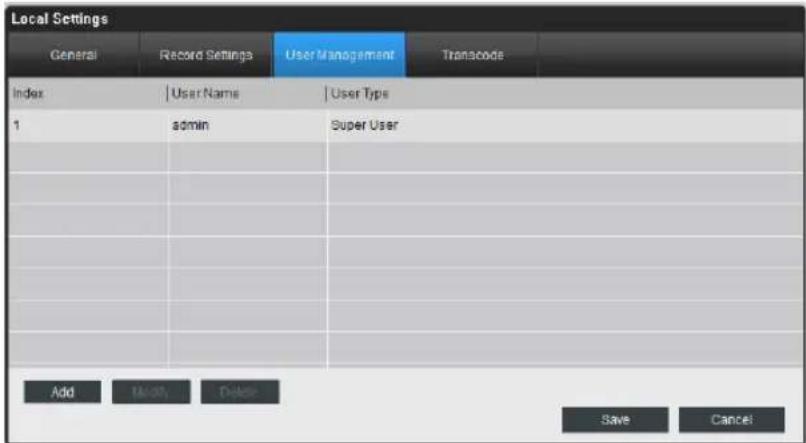 Local Settings General Record Settings User Management Transcode Index | User Name | User Type 1 admin Super User Add Delete Save Cancel