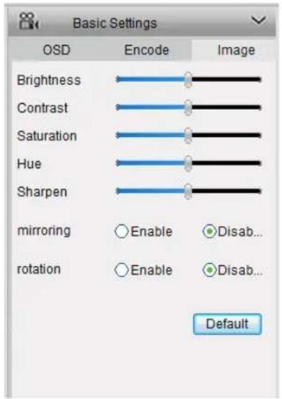 Basic Settings OSD Encode XiImage Brightness Contrast Saturation Hue Sharpen mirroring Enable Disab... rotation Enable Disab... Default