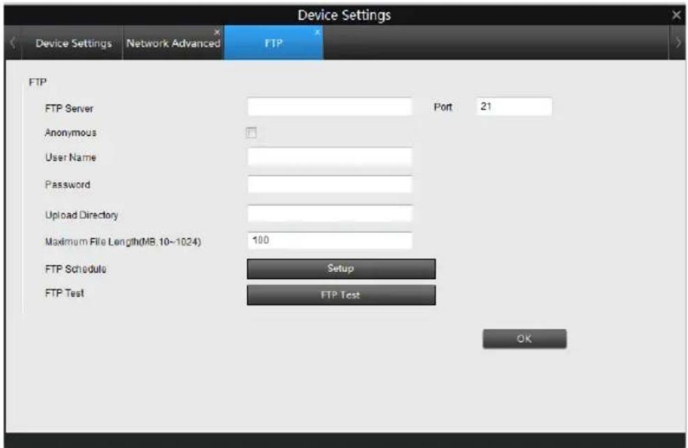 Device Settings Device Settings Network Advanced FTP FTP FTP Server Port 21 Anonymous User Name Password Upload Directory Maximum File Length(MB, 10~1024) 100 FTP Schedule Setup FTP Test FTP Test OK