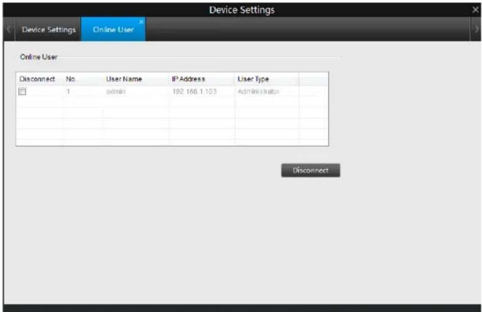 Device Settings Device Settings Online User Online User Disconnect No. User Name IP Address User Type 1 admin 192.166.1.103 Administrator Disconnect