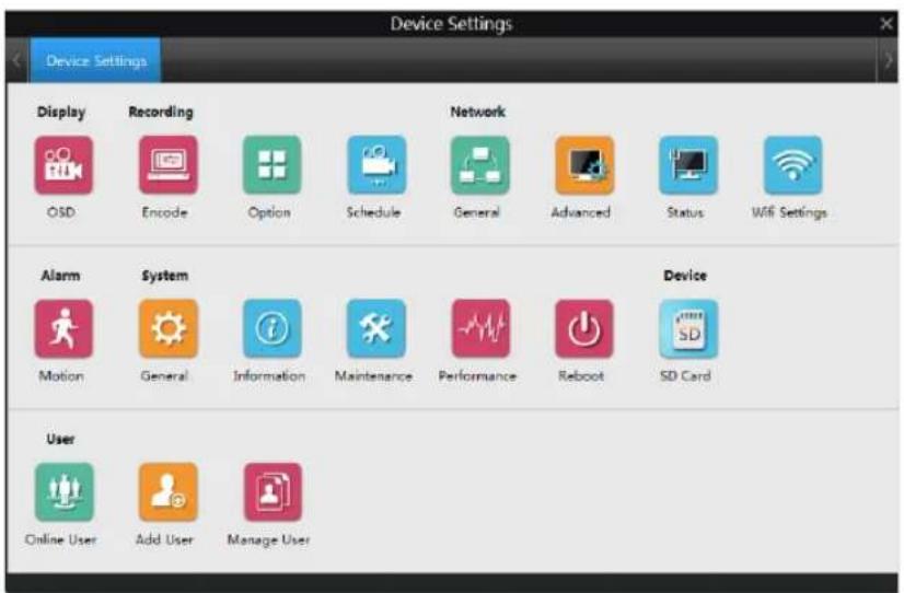 Device Settings Display Recording Network OSD Encode Option Schedule General Advanced Status WiFi Settings Alarm System Device Motion General Information Maintenance Performance Reboot SD Card User Online User Add User.Manage User