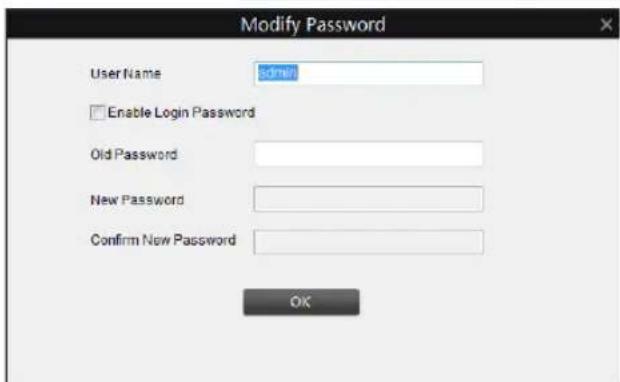 Modify Password User Name: admin Enable Login Password Old Password New Password Confirm New Password OK