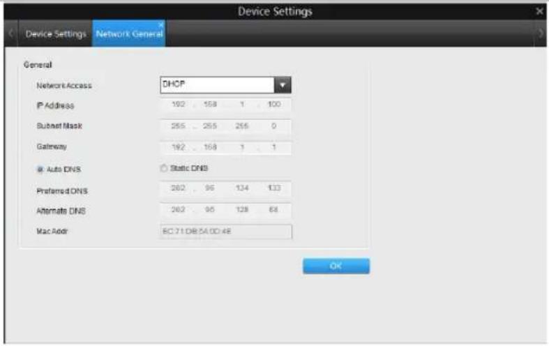 Device Settings Device Settings Network General General Network Access DHCP IP Address 192 158 1 100 Subset Mask 255 255 255 0 Gateway 192 168 3 1 @ Auto DNS Static DNS Preferred DNS 262 96 134 133 Alternate DNS 262 96 128 64 Mac Addr EC71.DB.SA.0D.48 OK