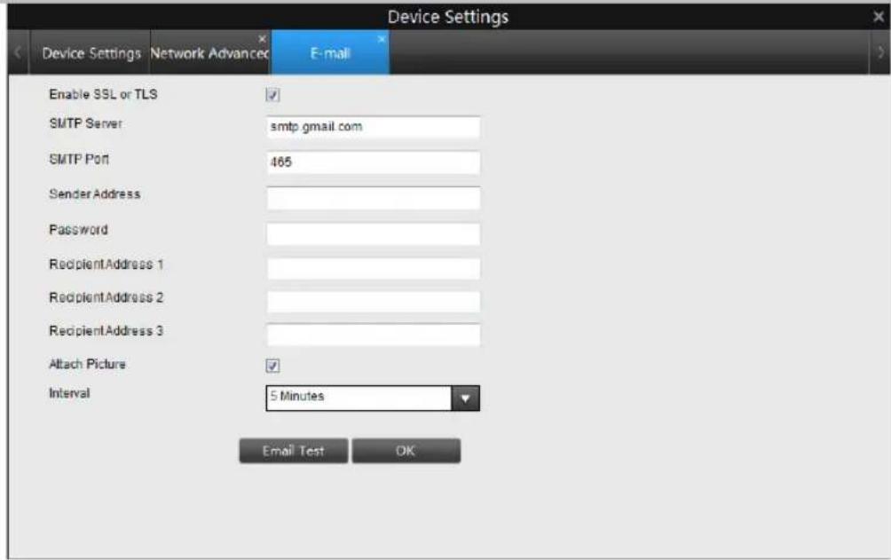Device Settings Device Settings Network Advanced E-mail Enable SSL or TLS ✓ SMTP Server smtp gmail com SMTP Port 465 Sender Address Password RecipientAddress 1 RecipientAddress 2 RecipientAddress 3 Attach Picture ✓ Interval 5 Minutes Email Test OK