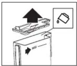 Diagram showing a device with an upward arrow and a labeled 'MAX' button, alongside a magnified view of a bag icon.