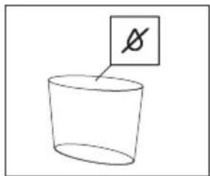 Simple line drawing of a cup with a speech bubble containing a symbol resembling a prohibition sign.