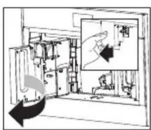 Technical diagram showing a mechanical assembly with labeled components and directional arrows indicating motion or movement.