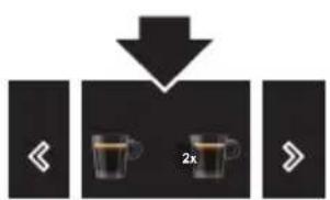Diagram showing a process with arrows pointing to two glass cups labeled '2x' and directional arrows below, indicating a transformation or sequence.