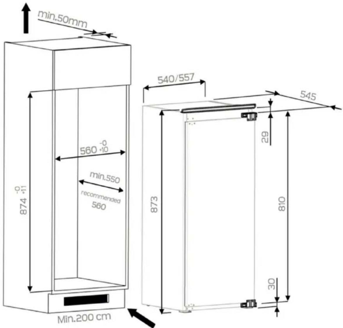 min.50mm 560 -0 10 min.550 recommended 560 874 -0 11 Min.200 cm 540/557 873 29 545 810 30