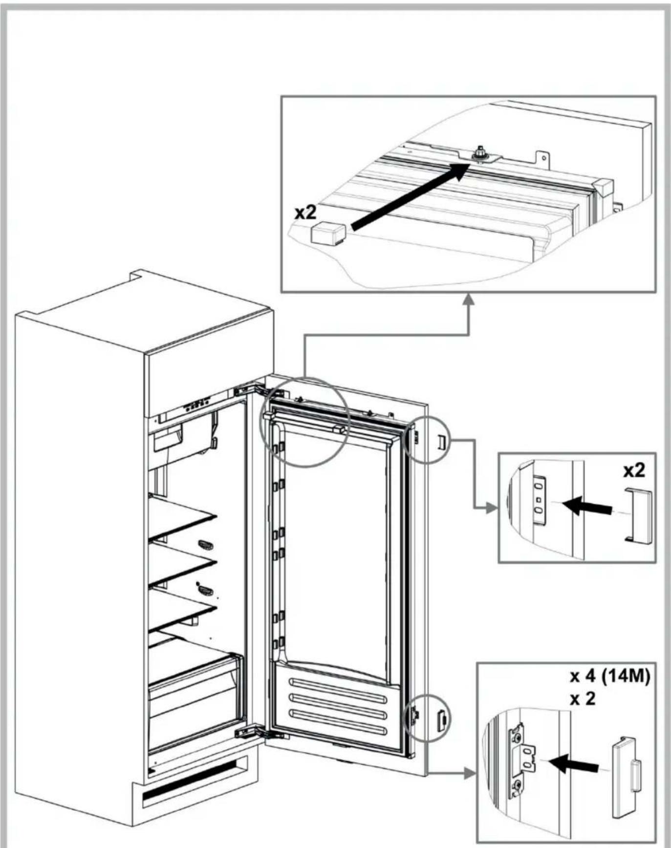 Technical diagram of a refrigerator with labeled components and cross-sectional views showing internal structure and mounting details.