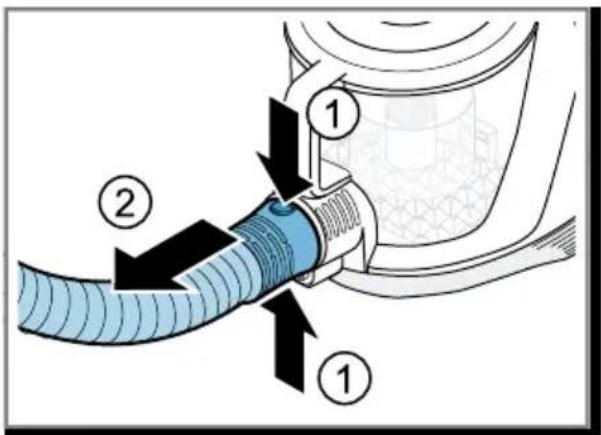 Diagram showing a blue flexible hose connected to a container with labeled parts 1 and 2, indicating mechanical or fluid flow.