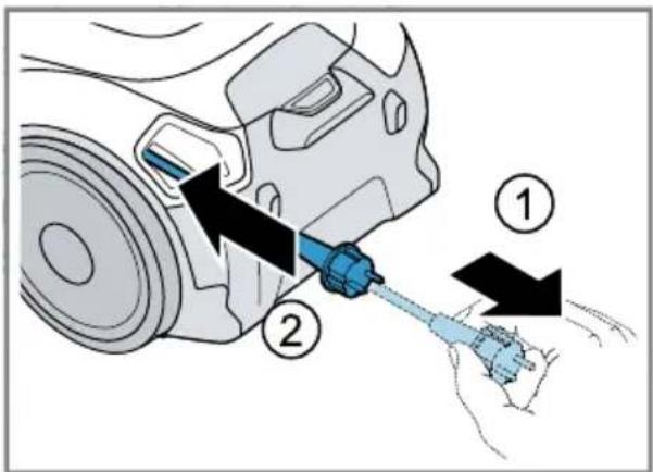 Diagram showing a car engine component being inserted into a plug, with numbered instructions indicating step 1.