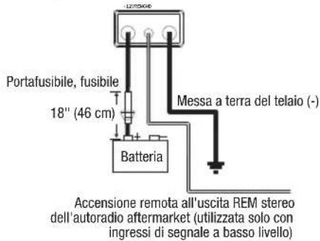 Portafusibile, fusibile 18" (46 cm) Batteria Messa a terra del telaio (-) Accensione remota all'uscita REM stereo dell'autoradio aftermarket (utilizzata solo con ingressi di segnale a basso livello)