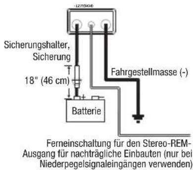 Sicherungshalter, Sicherung 18" (46 cm) Batterie Fahrgestellmasse (-) Ferneinschaltung für den Stereo-REM- Ausgang für nachträgliche Einbauten (nur bei Niederpegelsignaleingängen verwenden)