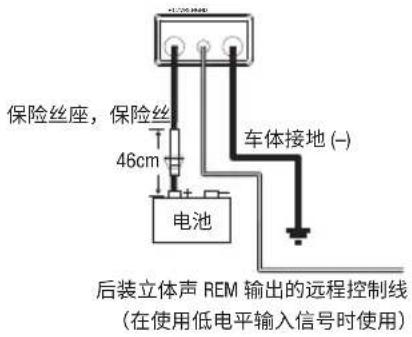 保险丝座,保险丝 46cm 电池 车体接地(-) 后装立体声 REM 输出的远程控制线 (在使用低电平输入信号时使用)
