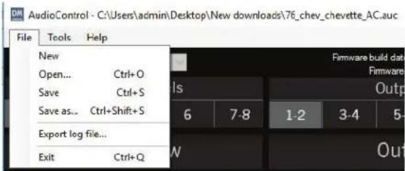 AudioControl - C:\Users\admin\Desktop\New downloads\76_chev_chevette_AC.auc File Tools Help New Open... Ctrl+O Save Ctrl+S Save as... Ctrl+Shift+S Export log file... Exit Ctrl+Q Firmware build data Firmware Is 6 7-8 1-2 3-4 5- W Out