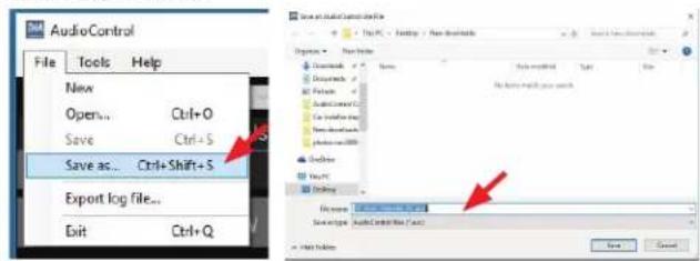 AudioControl File Tools Help New Open... Ctrl+O Save Ctrl+S Save as... Ctrl+Shift+S Export log file... Exit Ctrl+Q Save as: Ctrl+Shift+S Edit Ctrl+Q File name: C:\Users\Adobe Control Files (*.txt) Save Cancel