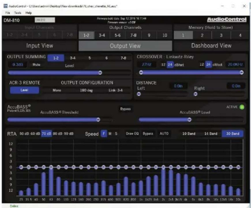 AudioControl - C:\Users\admin\Desktop\New downloads\76_chev_chevette_ACauc* File Tools Help DM-810 Input Channels 1-2 3-4 5 6 7-8 1-2 3-4 5-6 7-8 9 10 1 2 3 4 AudioControl Memory (Hold to Store) Input View Output View Dashboard View OUTPUT SUMMING 1-2 3-4 5 6 7-8 CROSSOVER : Linkwitz-Riley 27Hz 12 24 dB/dec 12 24 dB/dec 20.0KHz -9.3dB Mute Level ACR-3 REMOTE OUTPUT CONFIGURATION Level Mono 180 deg Link: 3-4 DISTANCE Left 0.0in Right 0.0in AccuBASS® Patent 5225.305 AccuBASS® Threshold Bypass AccuBASS® Level ACTIVE RTA 50 dB 60 dB 70 dB 80 dB 90 dB Speed F M S Draw EQ Bypass AUTO 10 Band 14 Band 30 Band 25 31.5 40 50 63 80 100 125 160 200 250 315 400 500 630 800 1k 1k25 1k6 2k x 2k5 3k15 4k 5x Aa3 Bn 10x 12k5 16x 20k Online
