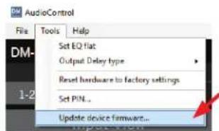 AudioControl File Tools Help Set EQ flat Output Delay type Reset hardware to factory settings Set PIN... Update device firmware...
