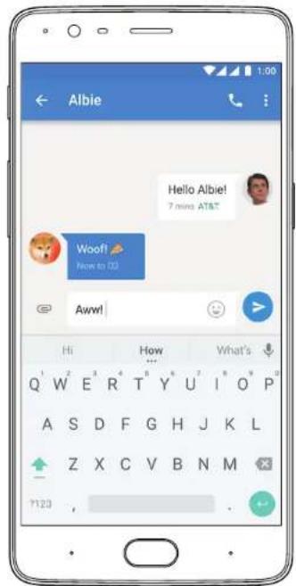 Albie Hello Albie! 7 mins AT&T Woo! How to 02 Aww! Hi How What's Q' W E R T Y U I O P' A S D F G H J K L Z X C V B N M 11:23 ,