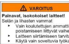 VAROITUS Painavat, isokokolset laitteet! Selän ja lihasten vammat Vain koulutettujen ammattil poistamiseen liittyvät vaihe Laitteen siirtämiseen tarvita Käytä vain soveltuvia työka