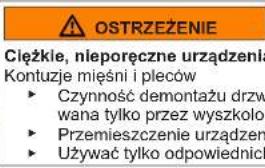 OSTRZEŻENIE Cieżkie, nieporęczne urządzenia Kontuzje mięśni i pleców ► Czynność demontażu drzw wana tylko przez wyszkolor ► Przemieszczenie urządzeń ► Używać tylko odpowiednich