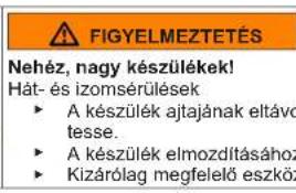 FIGYELMEZTETÉS Nehéz, nagy készülékek! Hát- és izomsérülések • A készülék ajtajának eltávo tesse. • A készülék elmozdításához • Kizárólag megfelelő eszköz