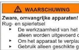 WAARSCHUWING Zware, omvangrijke apparaten! Rug- en spierletsel ► De werkzaamheid van het alleen worden uitgevoerd d ► Om het apparaat te verplaas ► Gebruik alleen geschikte ge
