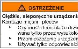 OSTRZEŻENIE Cleżkłe, nieporęczne urządzeń: Kontuzje mięśni i pleców ► Czynność demontaź wana tylko przez wyszkolo ► Przemieszczenie urządzeń ► Używać tylko odpowiednich