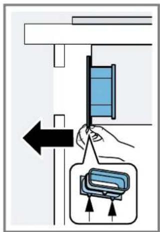 Diagram showing a hand holding a blue panel next to a device with directional arrows, likely illustrating a process or operation.