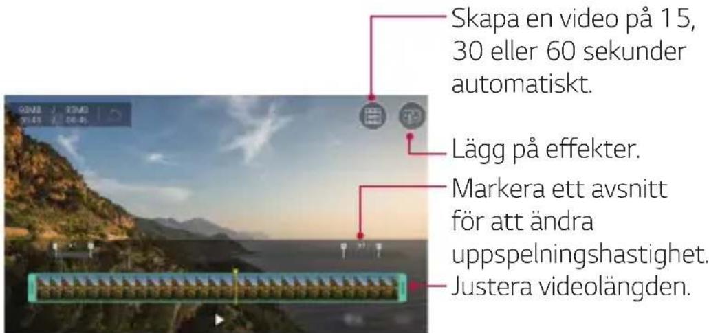 Skapa en video på 15, 30 eller 60 sekunder automatiskt. Lägg på effekter. Markera ett avsnitt för att ändra upspelningshastighet. Justera videolängden.