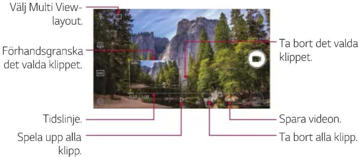 Välj Multi View- layout. Förhandsgranska det valda klippet. Ta bort det valda klippet. Tidslinje. Spela upp alla klipp. Spara video. Ta bort alla klipp.
