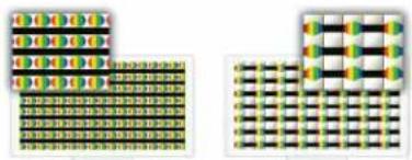 Diagram showing two rows of colored blocks with symbols and patterns, possibly representing a pattern or logic puzzle.