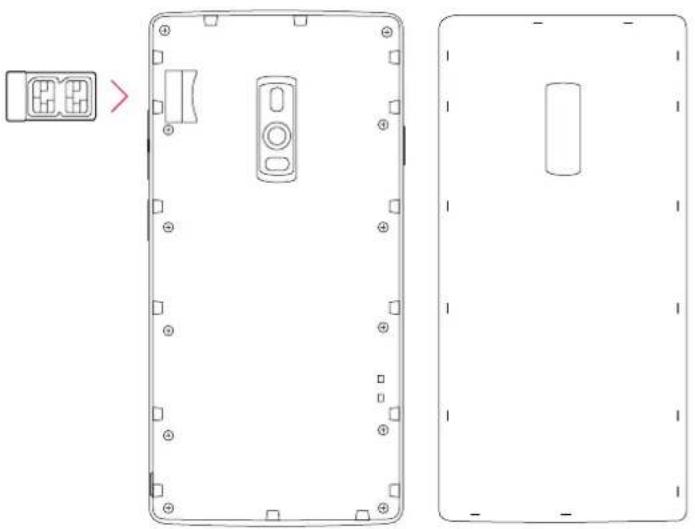 Diagram of a smartphone rear panel showing front, top, and side views with no text or symbols