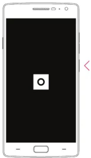 Front view of a smartphone displaying a black screen with a white square containing an 'O' symbol (no text or numbers present)