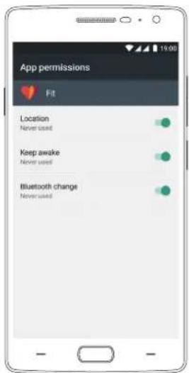 App permissions Fit Location Never used Keep awake Never used Bluetooth change Never used