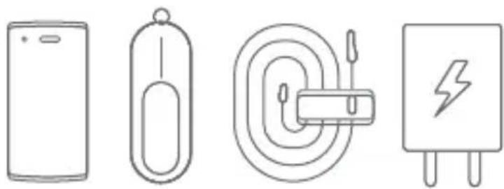 Line drawings of five different electronic devices: a mobile phone, a cylindrical capacitor, a plug-in socket, and a charging plug (no text or symbols)