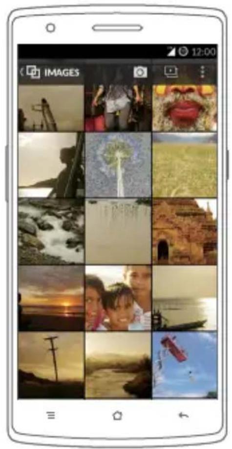 Smartphone screenshot displaying a grid of 24 grayscale images of diverse scenes at sunset, with no visible text or symbols on the images themselves.